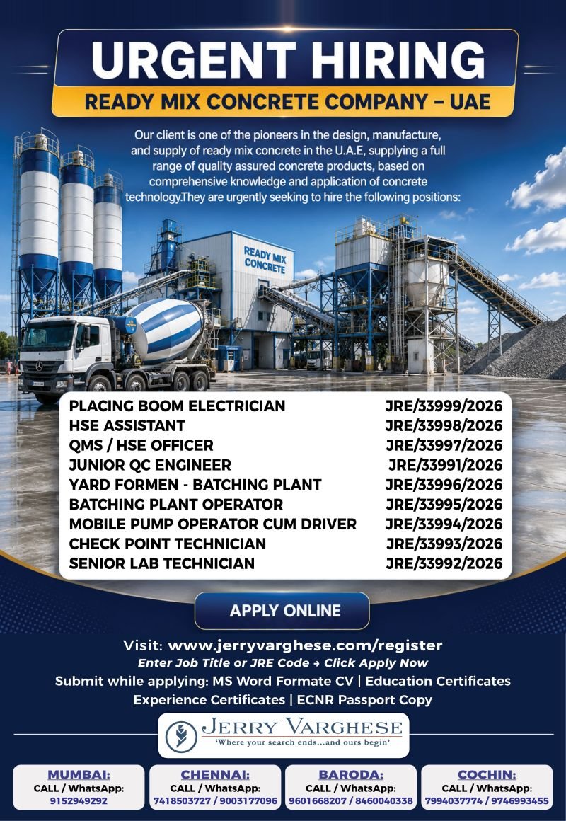 Urgent Hiring for Ready Mix Concrete company - UAE