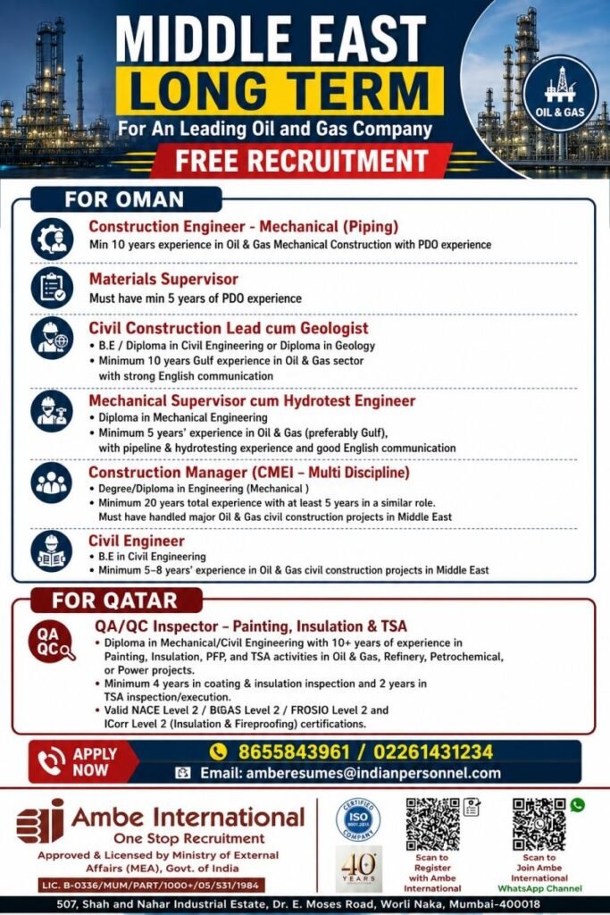 Excellent Career Opportunity – Middle East Oil & Gas Projects | Free Recruitment 