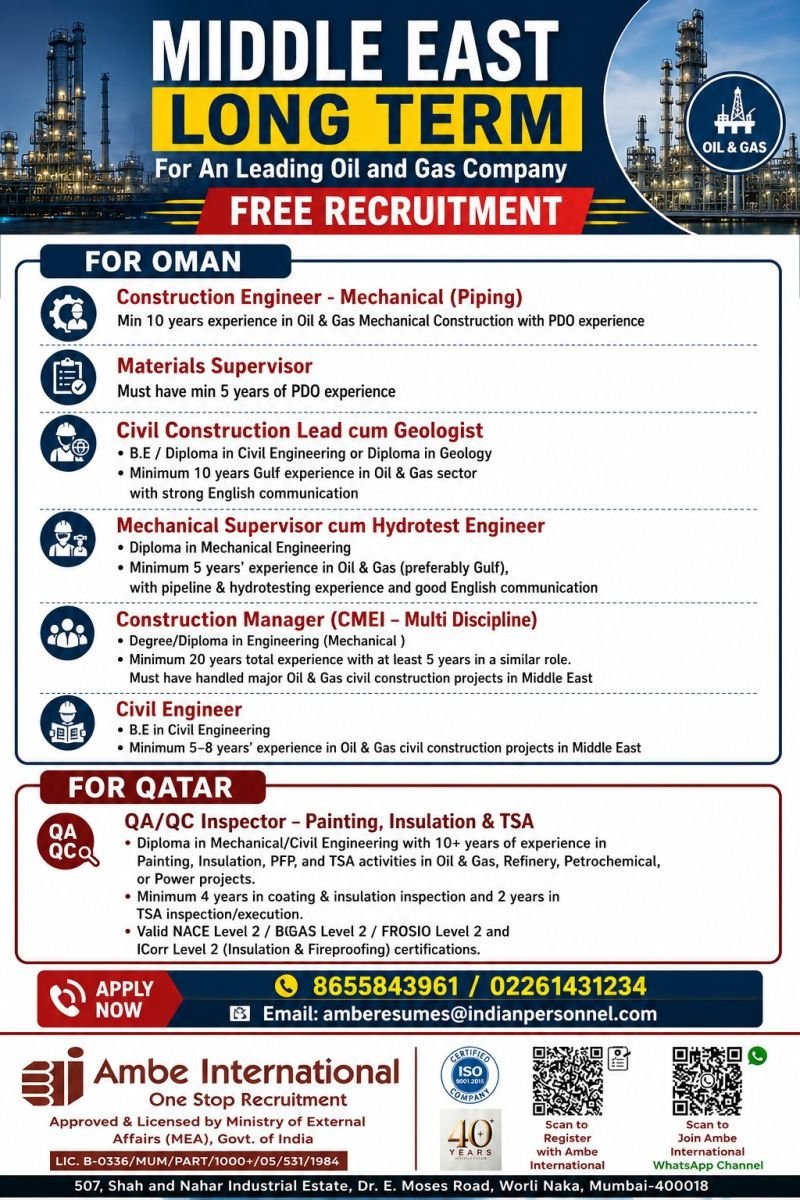 Excellent Career Opportunity – Middle East Oil & Gas Projects | Free Recruitment 