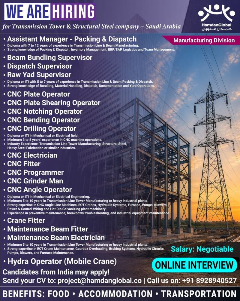 Saudi Arabia : Urgent hiring for Transmission Tower & Structural Steel Company