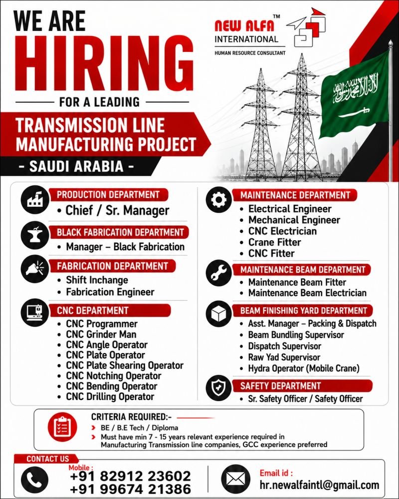 Saudi Arabia Transmission Line Manufacturing Jobs 2026 – Apply Now
