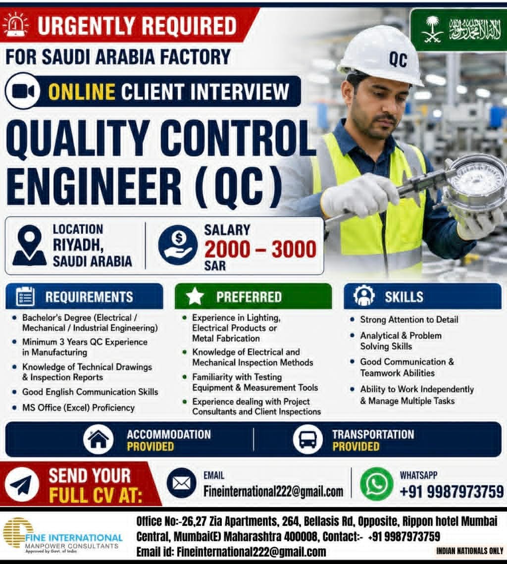 Saudi Arabia Quality Control Engineer (QC) Jobs 2026 – Online Client Interview | Manufacturing Industry