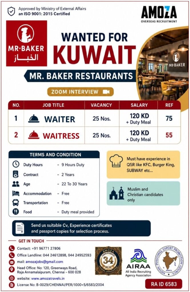 Kuwait Restaurant Jobs 2026 | Mr. Baker Restaurants Hiring Waiters and Waitresses | Zoom Interview