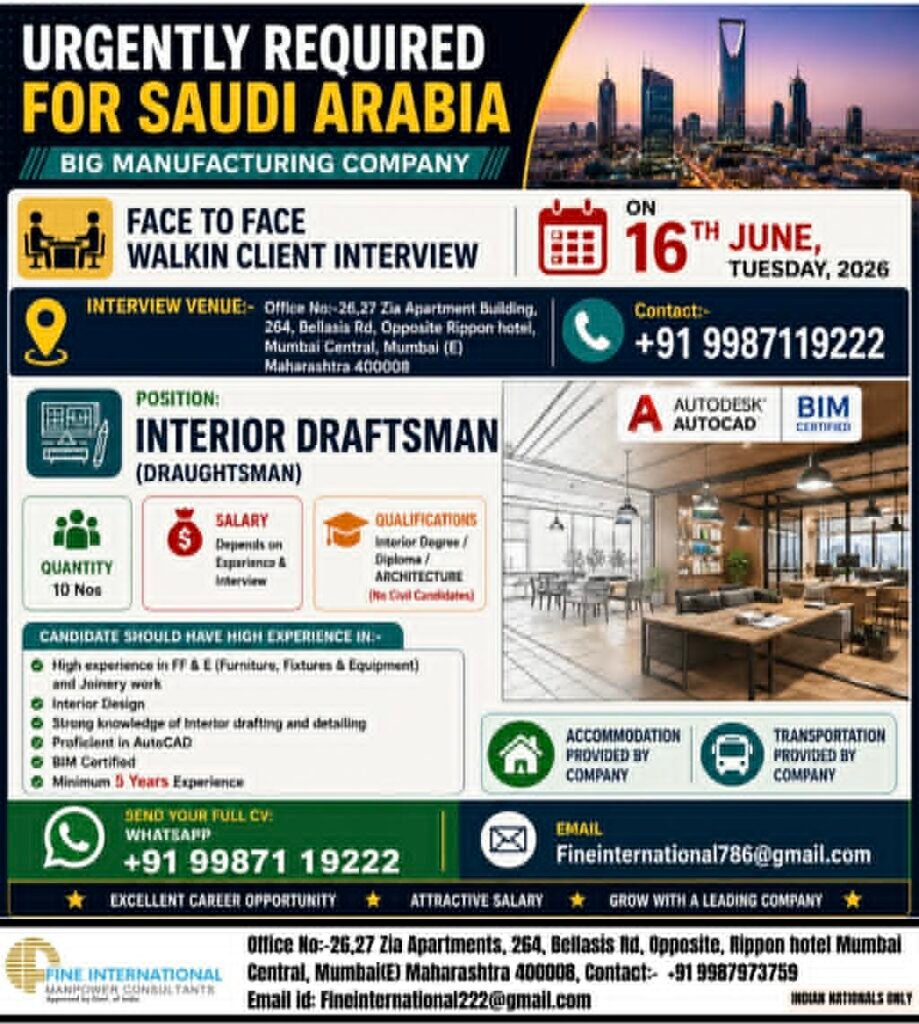 Interior Draftsman Jobs in Saudi Arabia 2026 | Walk-In Client Interview | Manufacturing Company Vacancies