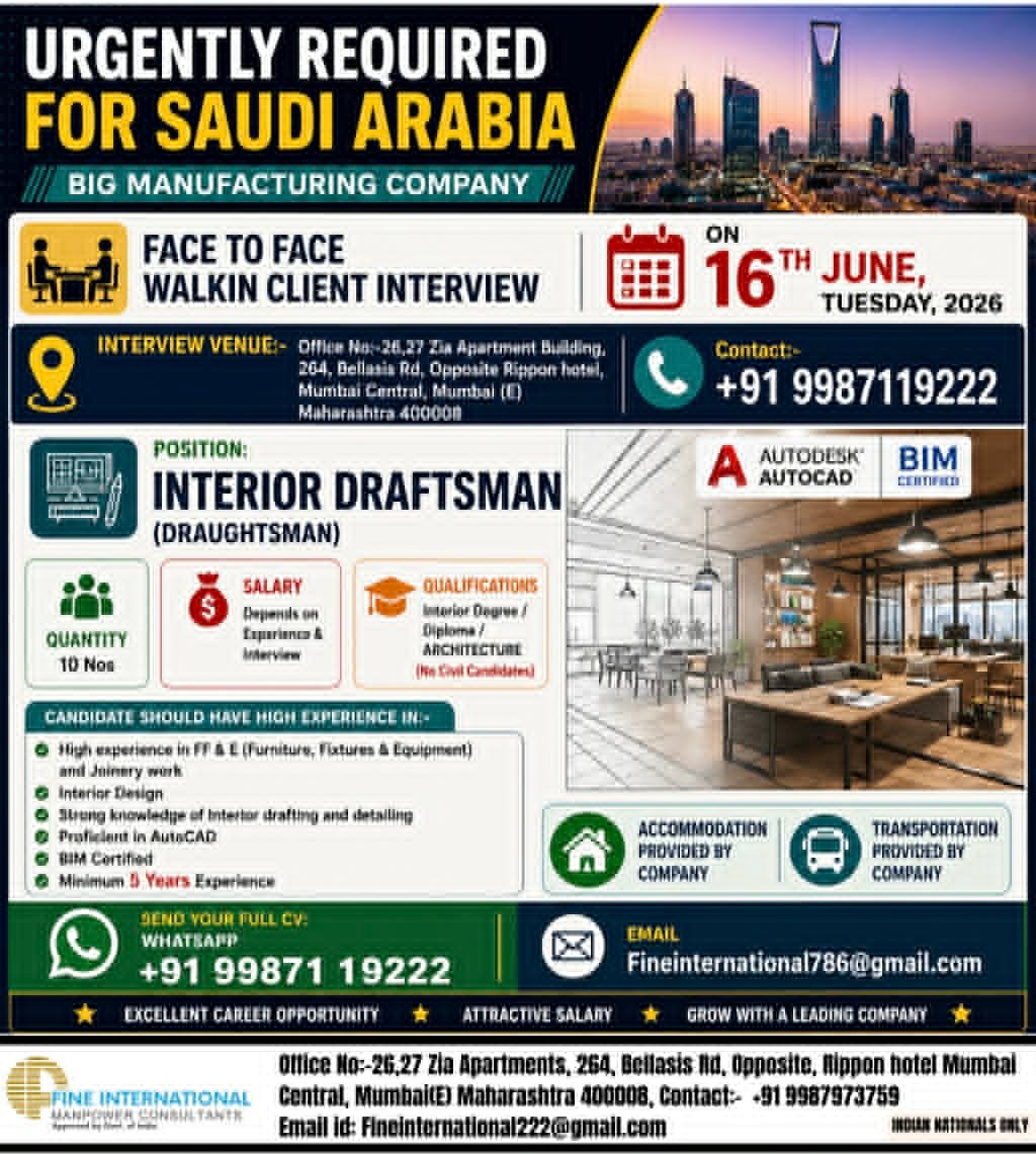 Interior Draftsman Jobs in Saudi Arabia 2026 | Walk-In Client Interview | Manufacturing Company Vacancies
