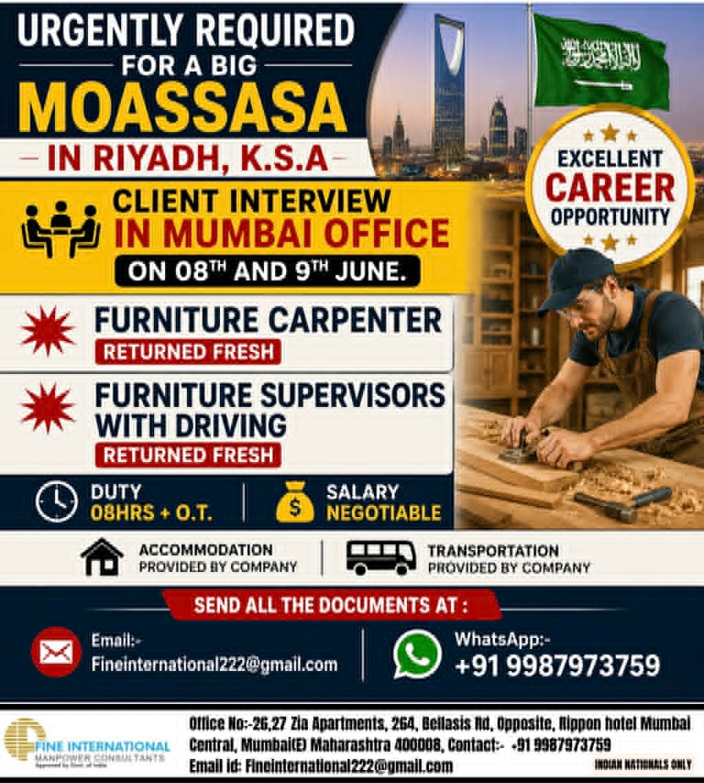 Saudi Arabia Furniture industry Jobs 2026 – Hiring For A reputed Moassasa Company