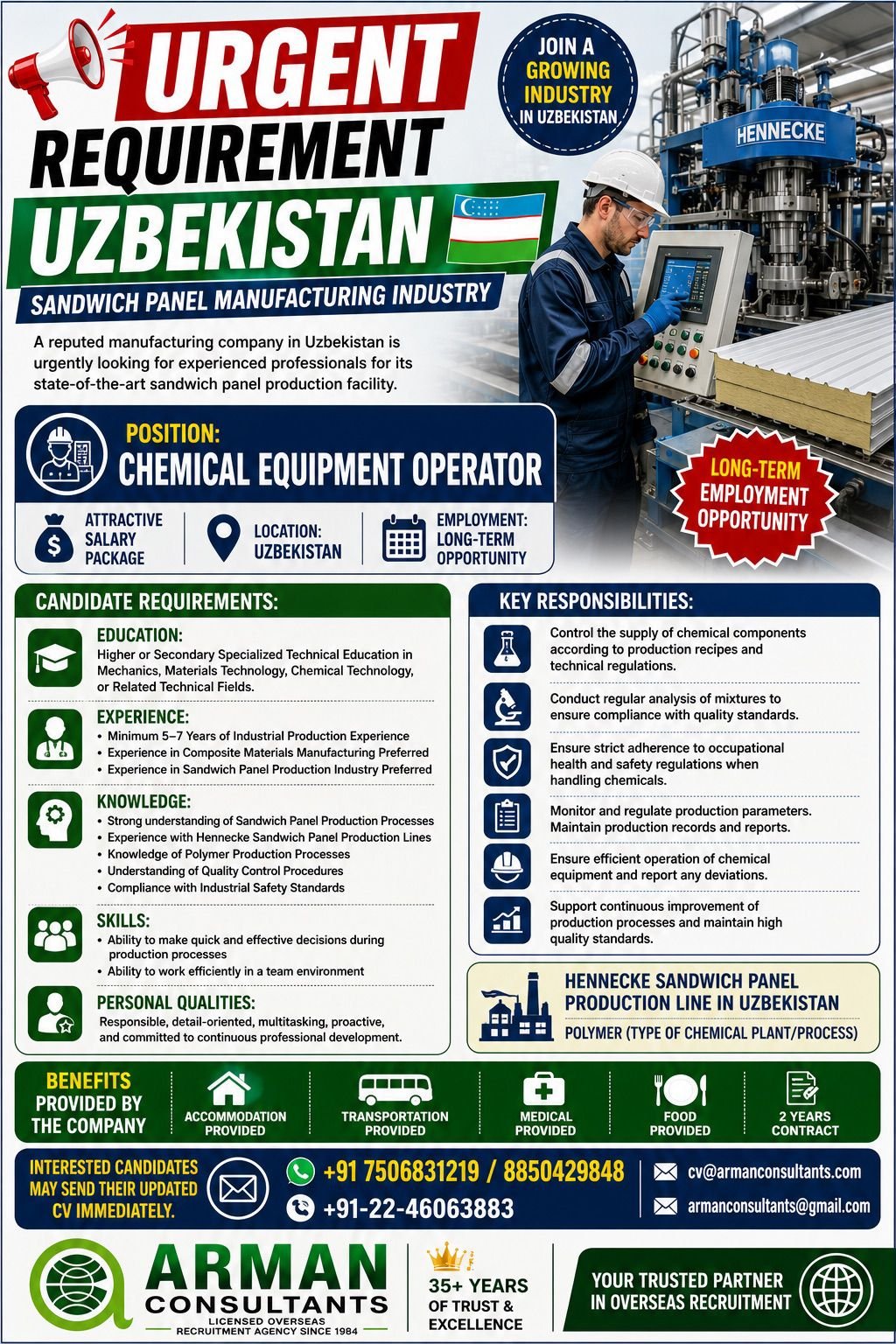 Uzbekistan Chemical Equipment Operator Jobs 2026 – Sandwich Panel Manufacturing Industry