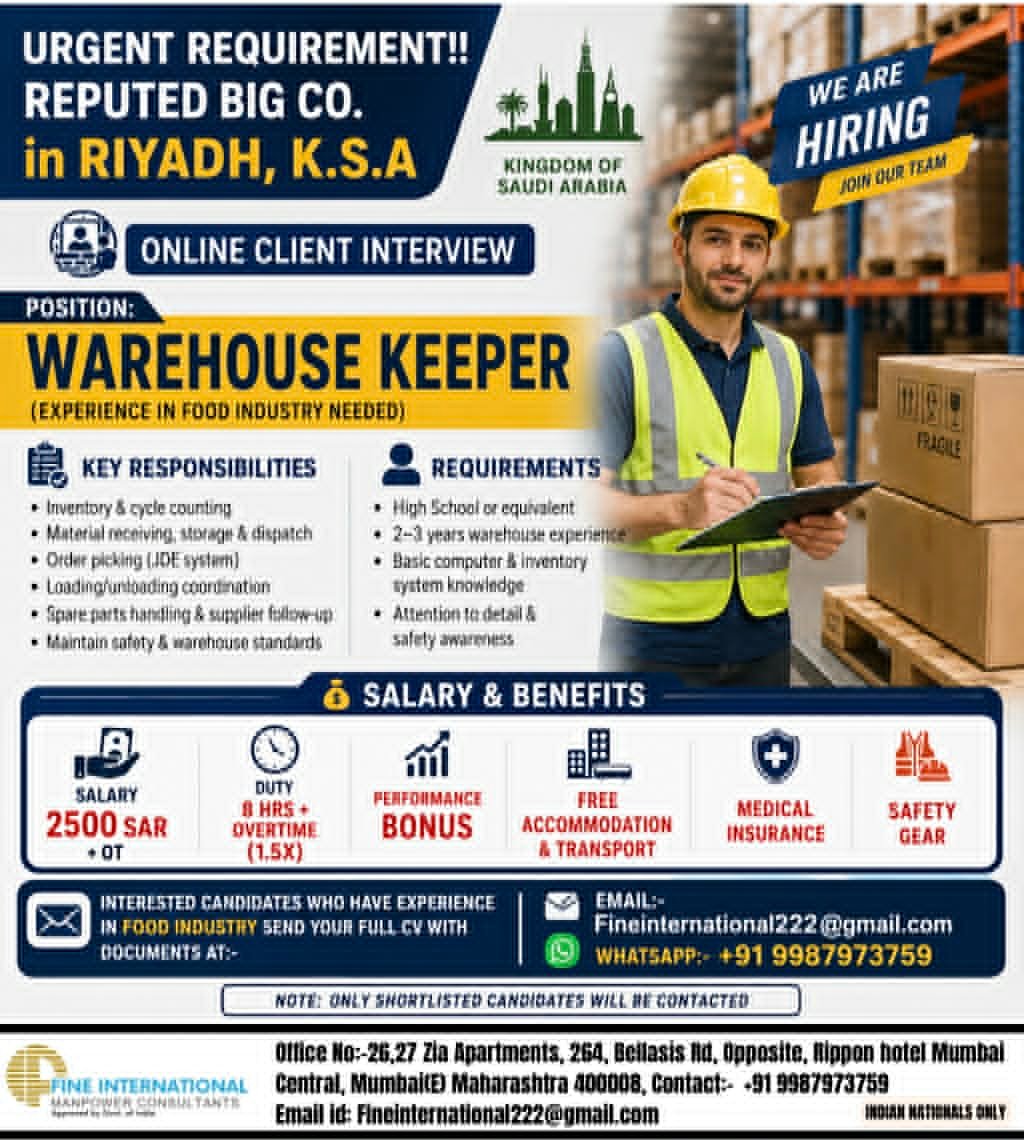 Warehouse Keeper Jobs in Riyadh, Saudi Arabia 2026 – Food Industry 
