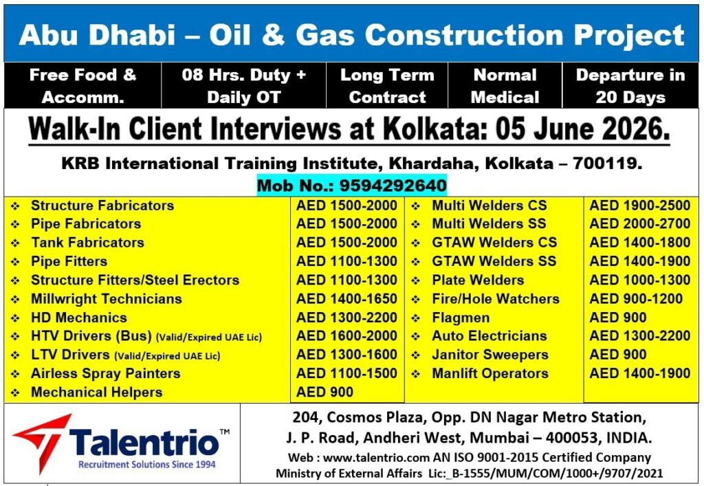 UAE Abu Dhabi Oil & Gas Construction Project Jobs 2026 – Walk-In Interview for Multiple Vacancies