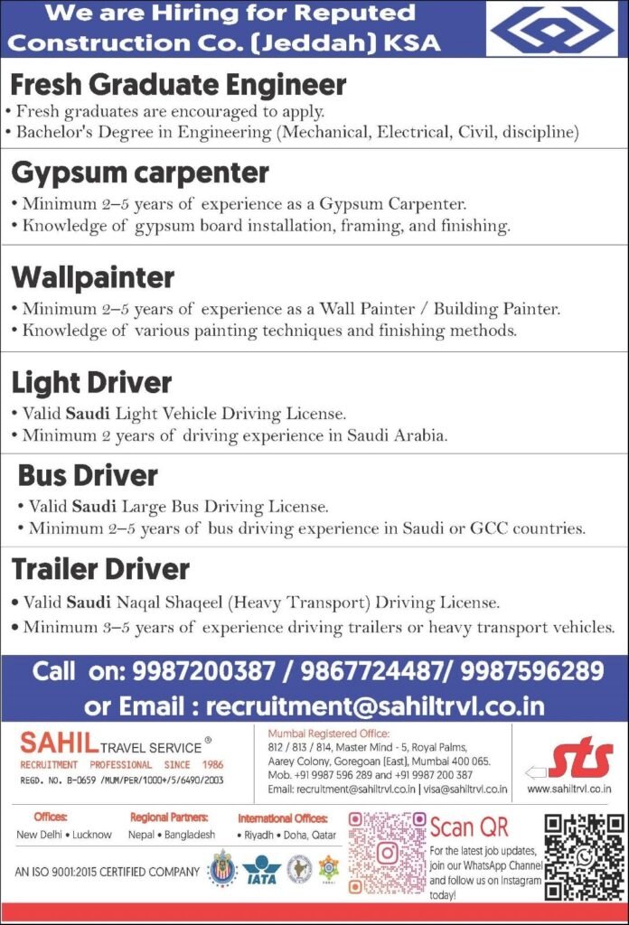 Hiring for Saudi Arabia Reputed Construction Company 