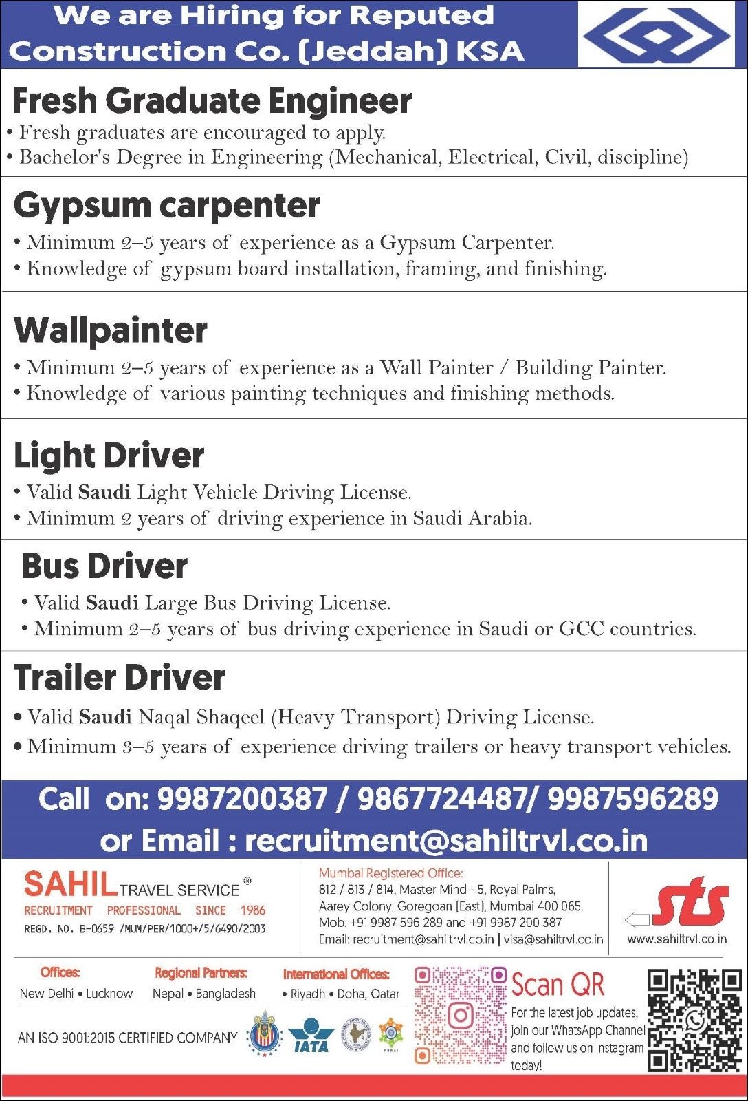 Hiring for Saudi Arabia Reputed Construction Company 