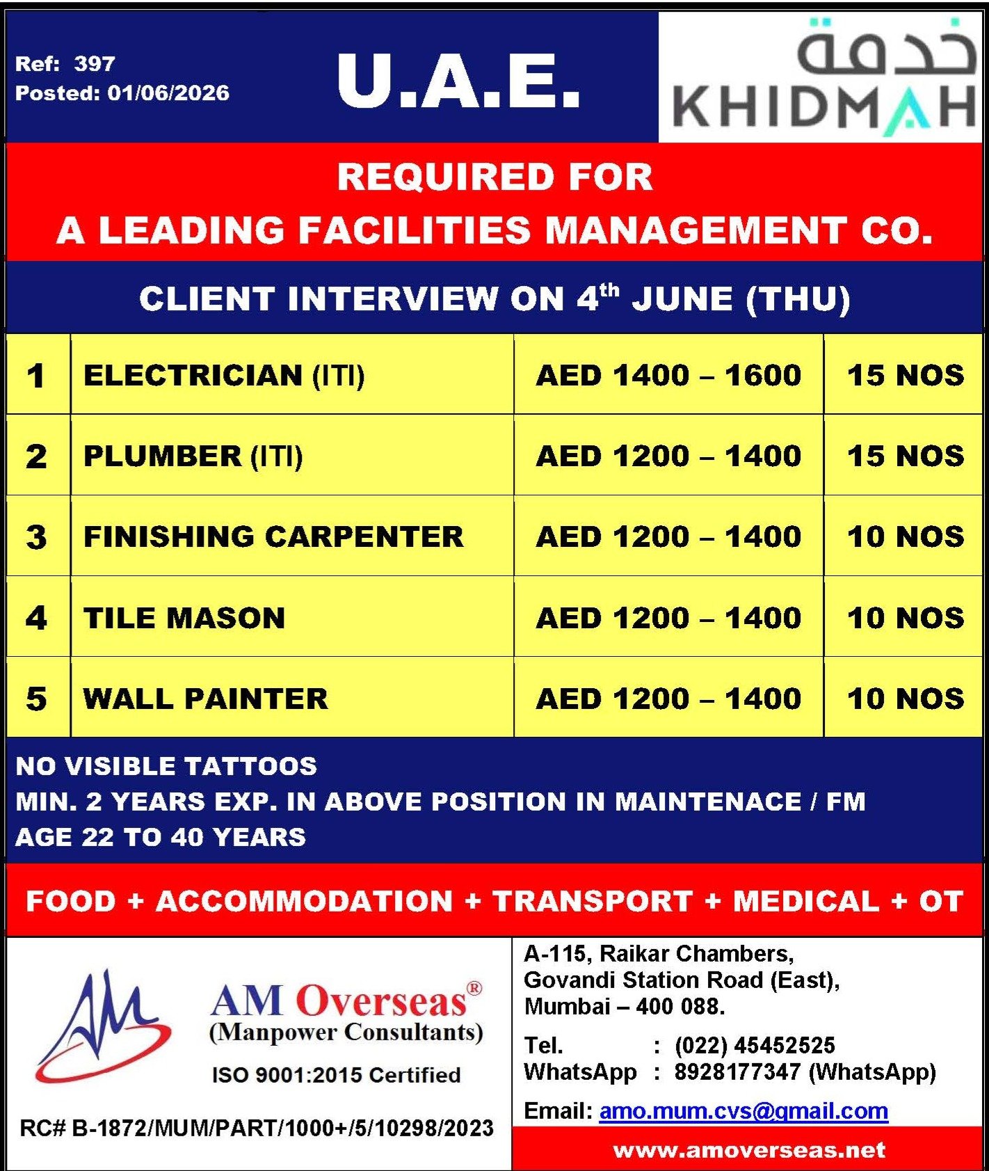 UAE Facilities Management Jobs 2026 | Hiring For KHIDMAH 