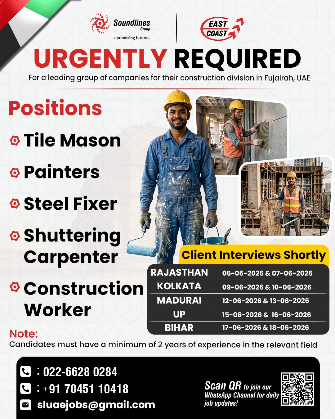 Hiring For a leading group of companies for their construction division in Fujairah, UAE