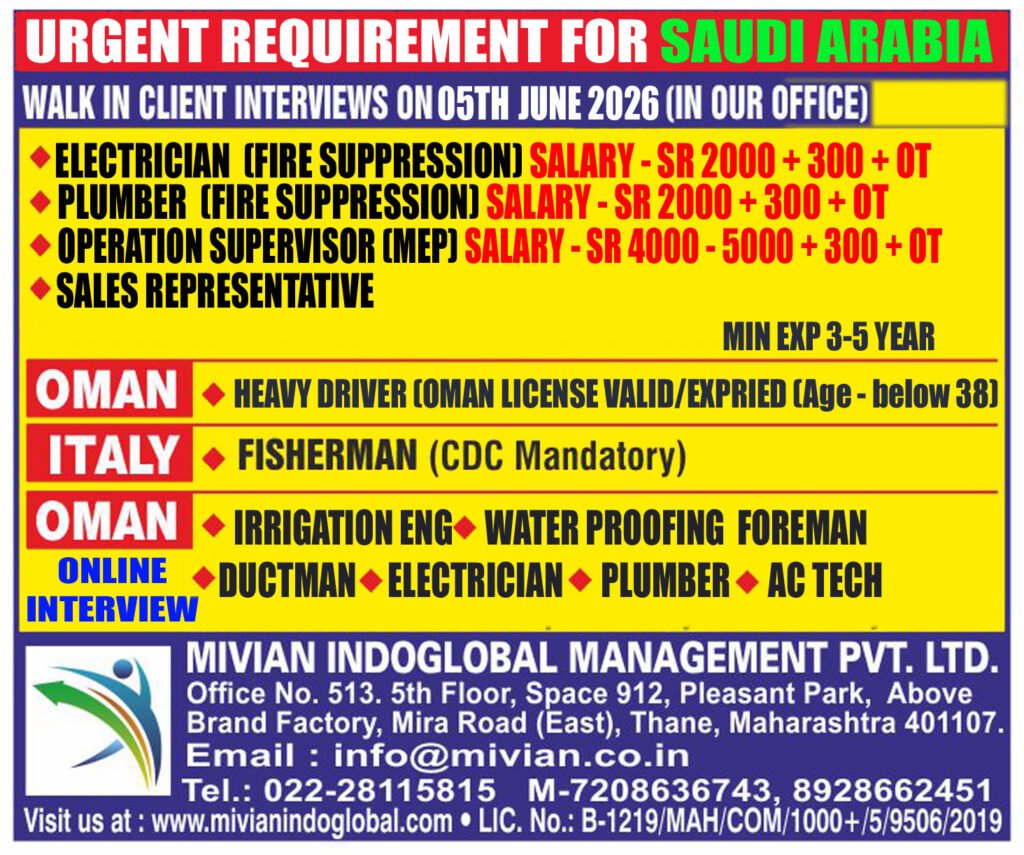 Saudi Arabia, Oman & Italy Jobs 2026 – Walk-In Interviews for Electricians, Plumbers, Drivers, Engineers and Technicians