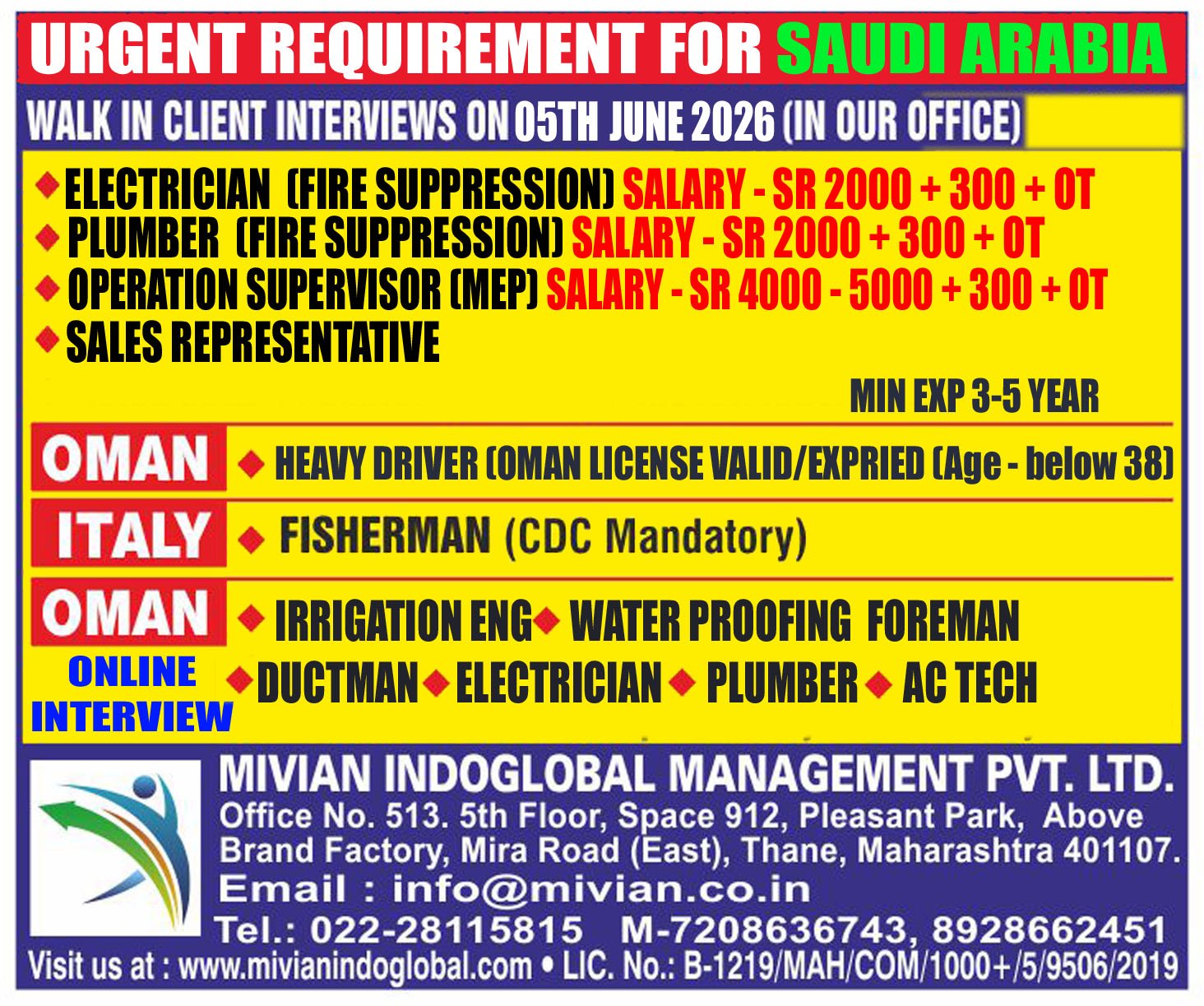 Saudi Arabia, Oman & Italy Jobs 2026 – Walk-In Interviews for Electricians, Plumbers, Drivers, Engineers and Technicians