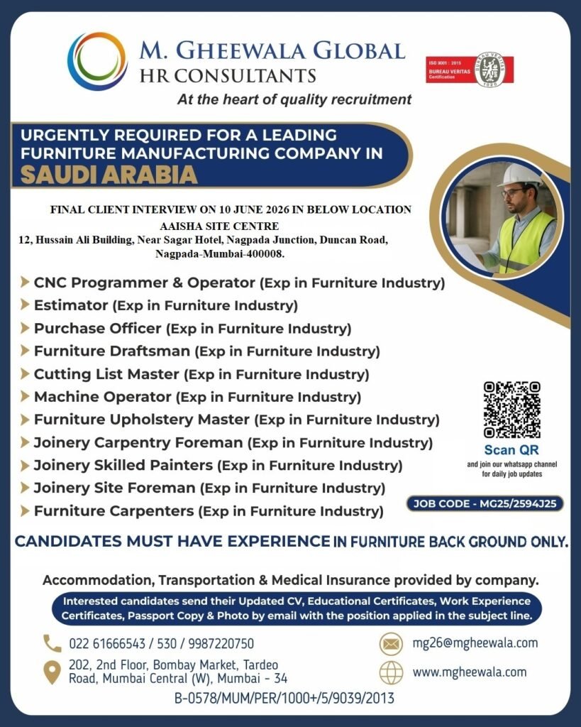 Saudi Arabia Furniture Industry Jobs 2026 – Urgent Hiring
