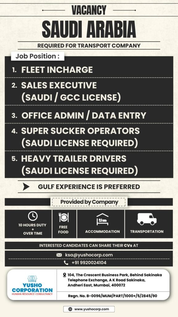 Saudi Arabia Job Openings – Transport Company Hiring Now