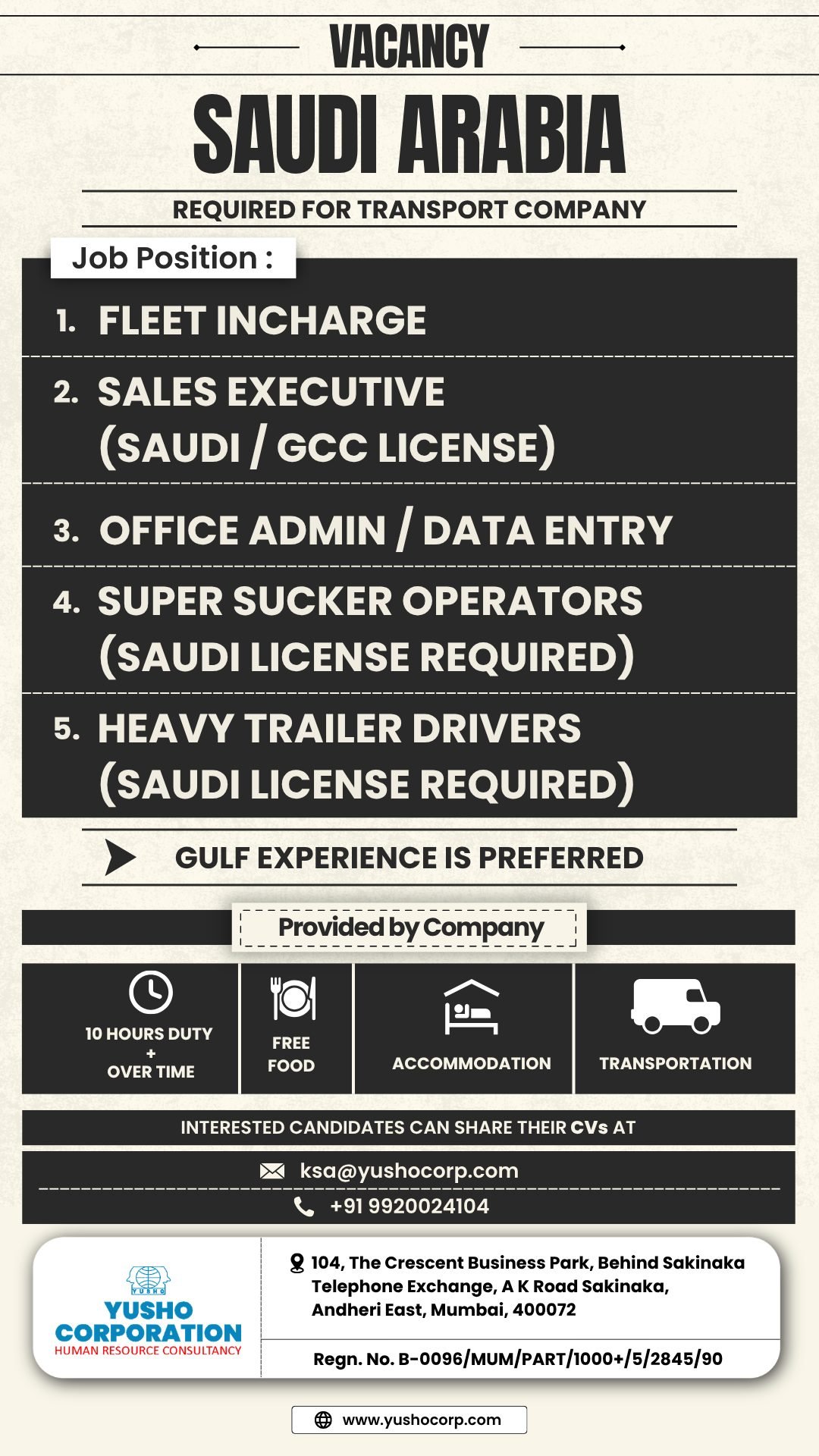 Saudi Arabia Job Openings – Transport Company Hiring Now