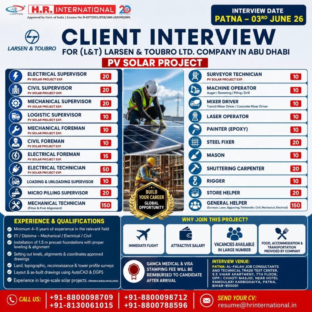 L&T Abu Dhabi UAE– PV Solar Project Hiring Now