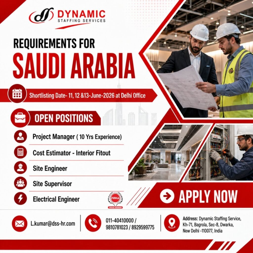 Urgent Recruitment For Saudi Arabia Reputed Company
