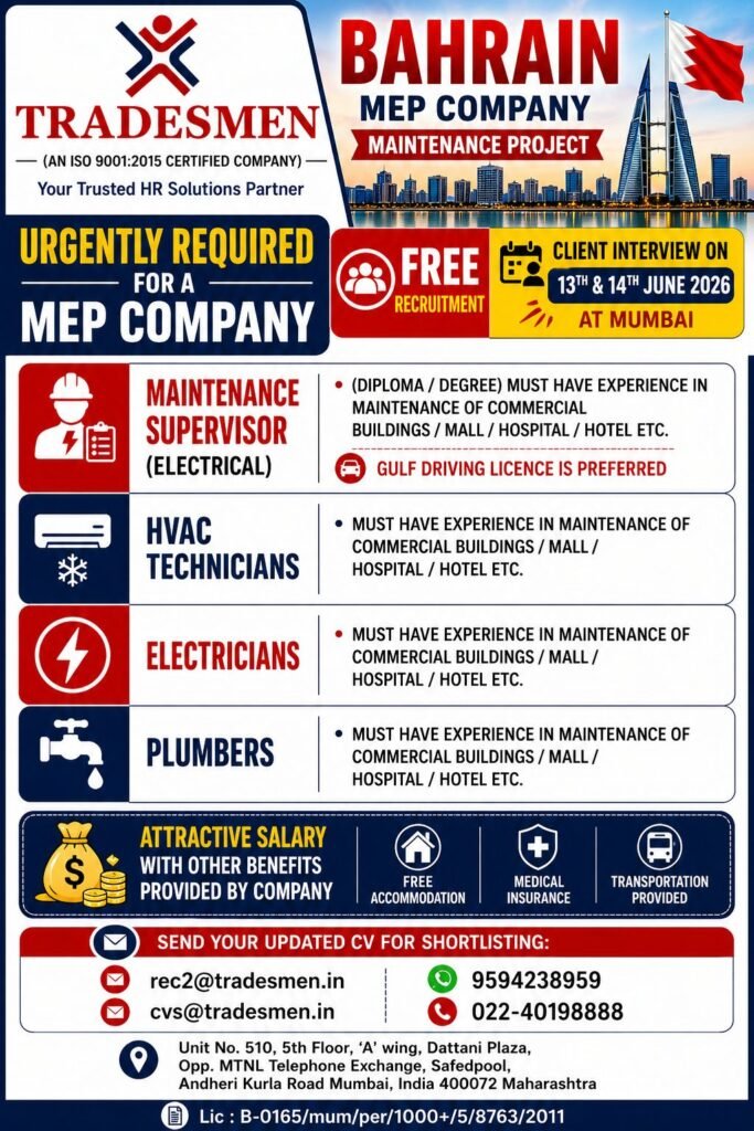 Bahrain MEP Company Maintenance Project Jobs 2026 