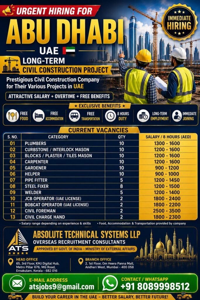 Abu Dhabi UAE Civil Construction Jobs 2026 – Apply Now