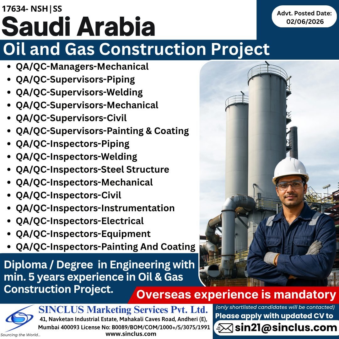 Saudi Arabia Oil & Gas Construction Project Jobs 2026 – QA/QC Engineers, Supervisors & Inspectors