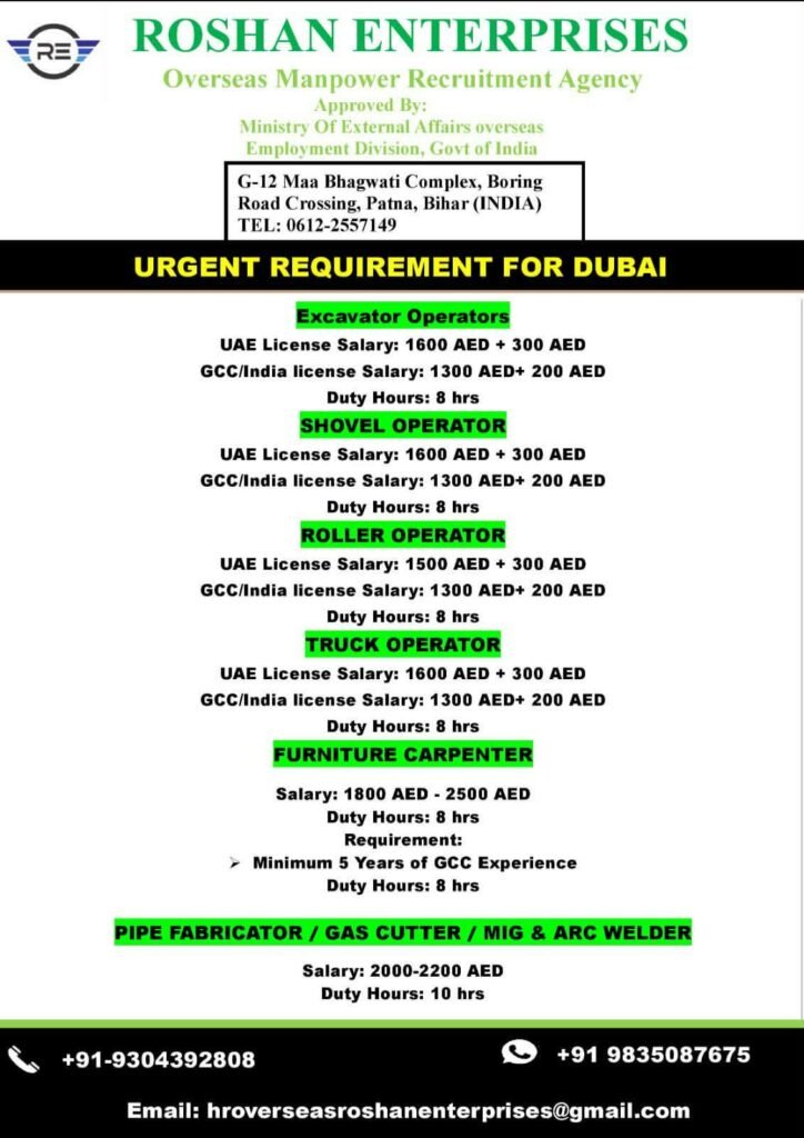 Dubai Jobs 2026 – Excavator Operators, Shovel Operators, Truck Operators, Carpenters & Welders Required
