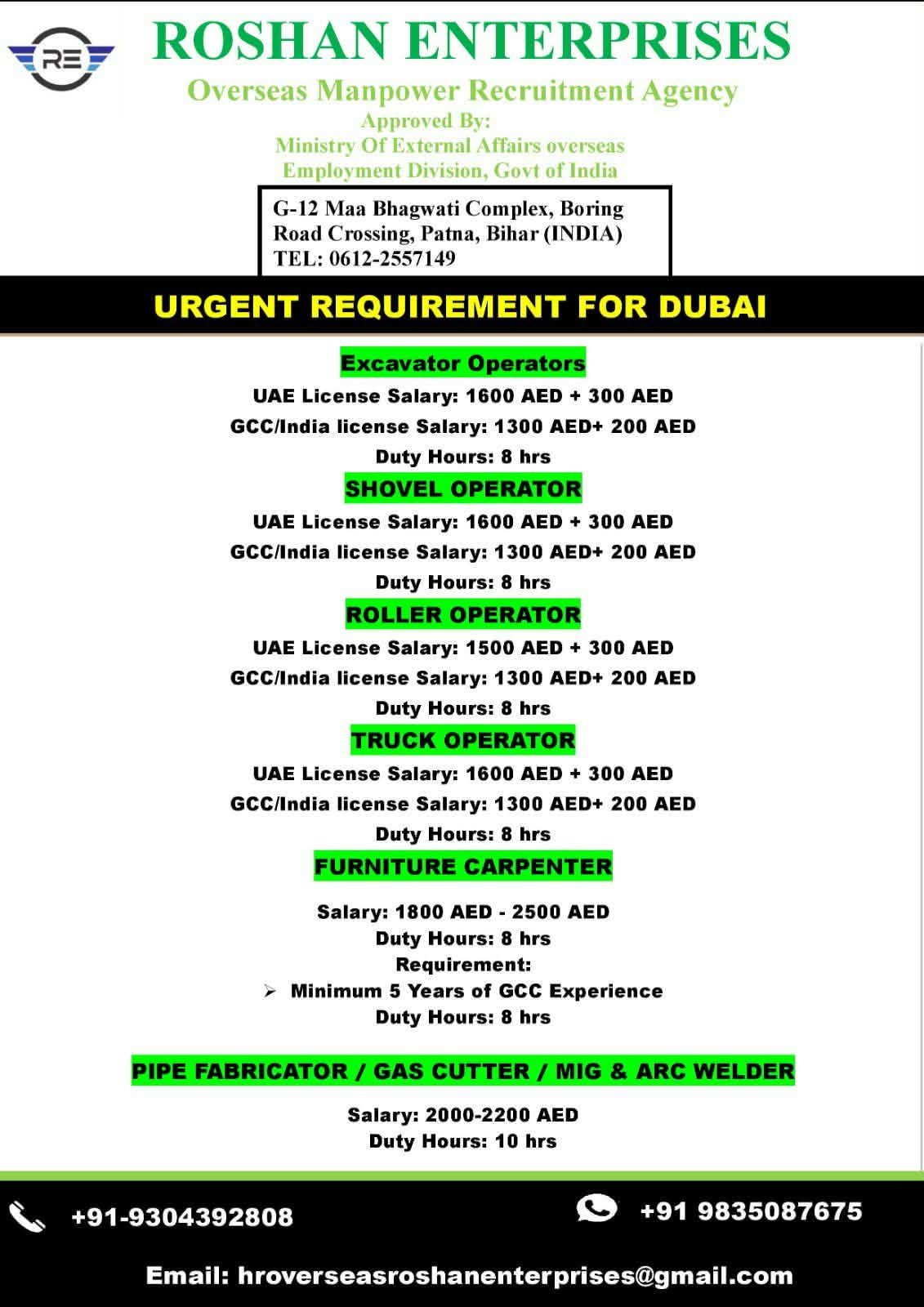 Dubai Jobs 2026 – Excavator Operators, Shovel Operators, Truck Operators, Carpenters & Welders Required