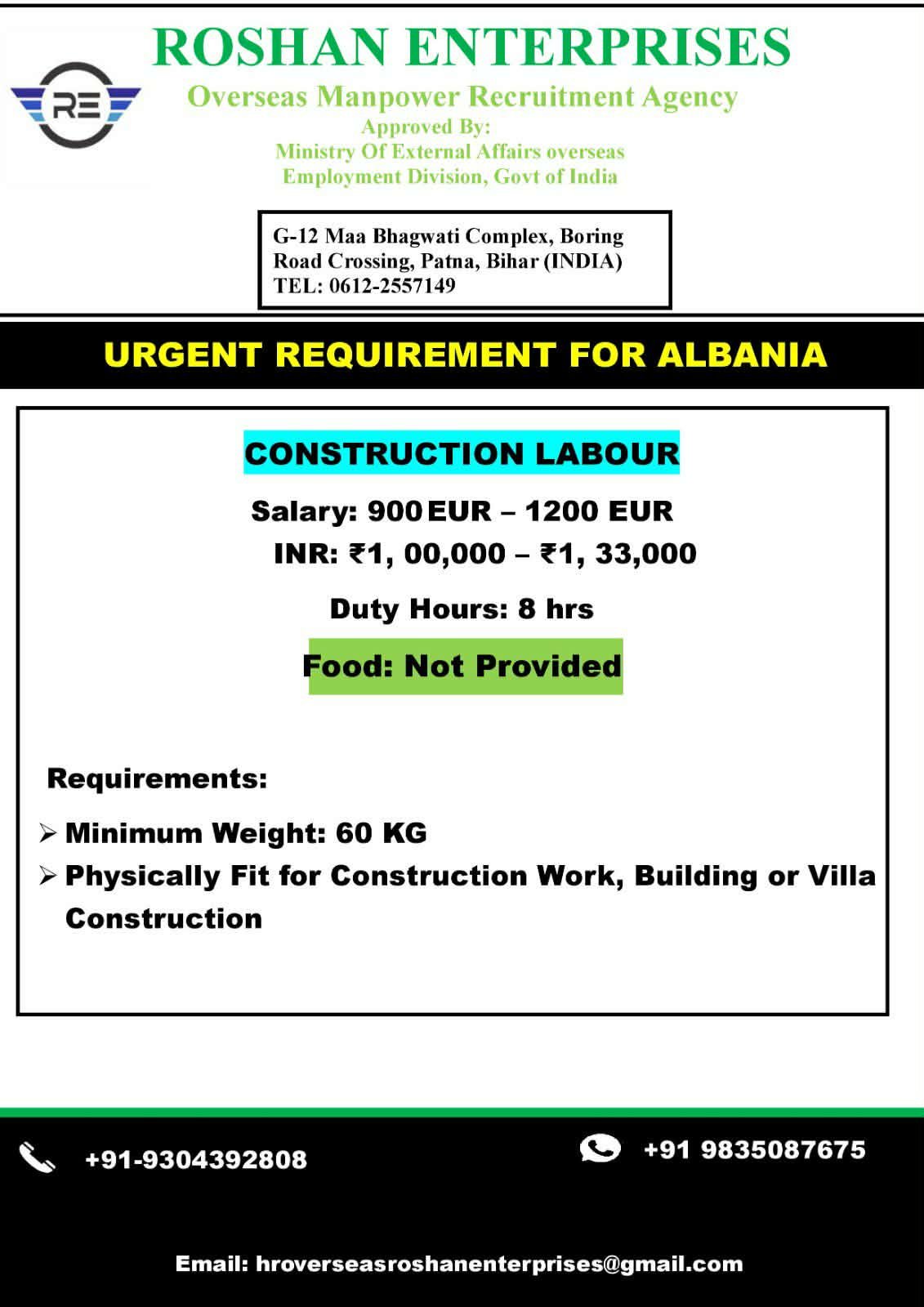 Albania Construction Labour Jobs 2026 – Urgent Hiring | Salary Up to €1,200 Per Month