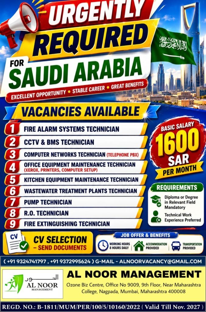 Saudi Arabia Jobs 2026 – Urgent Hiring for Fire Alarm, CCTV, BMS, Network and Maintenance Technicians