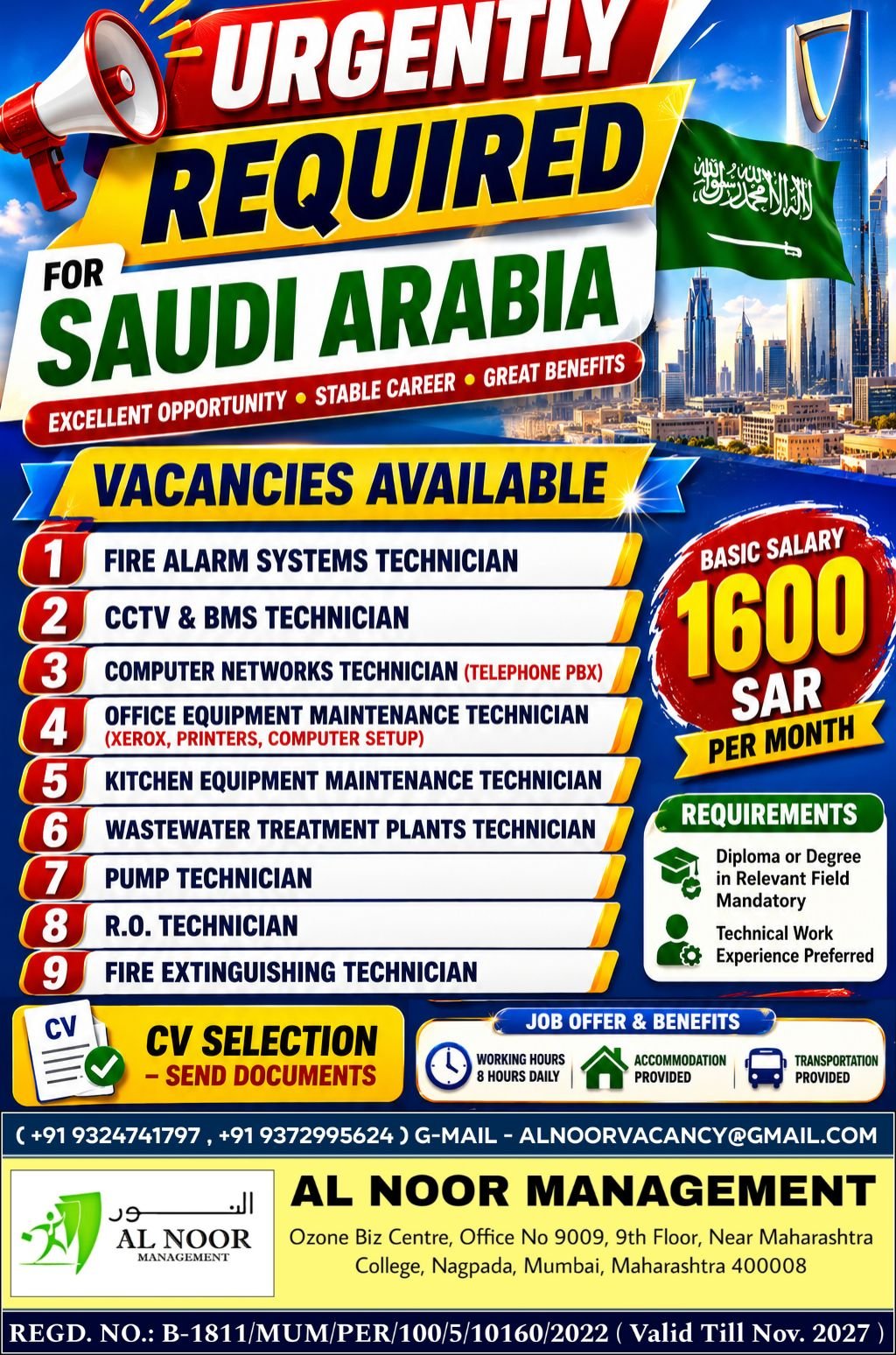 Saudi Arabia Jobs 2026 – Urgent Hiring for Fire Alarm, CCTV, BMS, Network and Maintenance Technicians