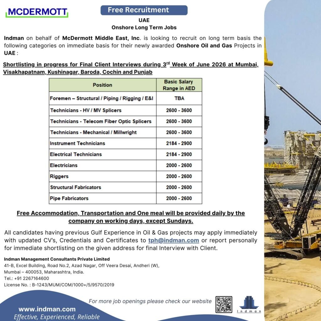 Free Recruitment for UAE McDermott - Onshore Long Term Jobs