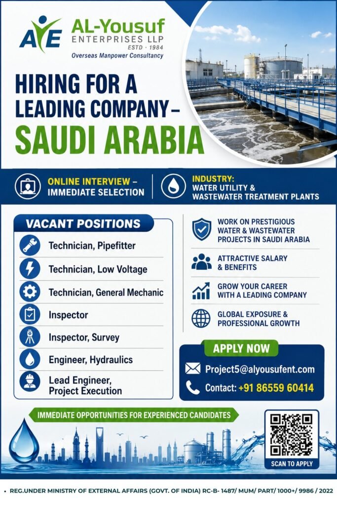 Saudi Arabia Water Utility & Wastewater Treatment Plant Jobs 2026 – Immediate Hiring
