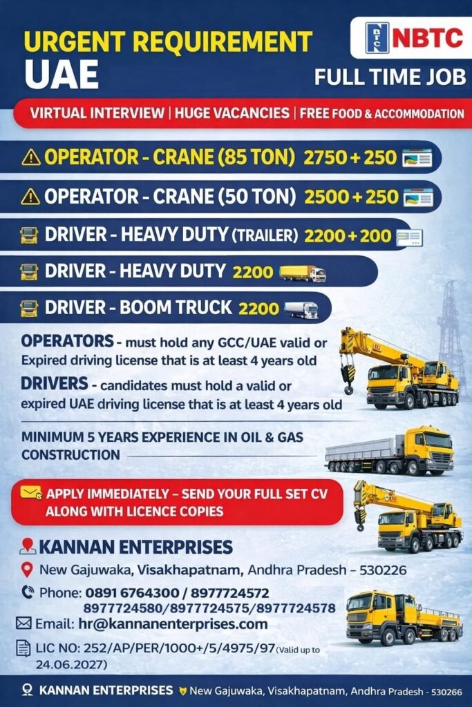 UAE Jobs 2026 – Crane Operators and Heavy Drivers Required | Free Food & Accommodation