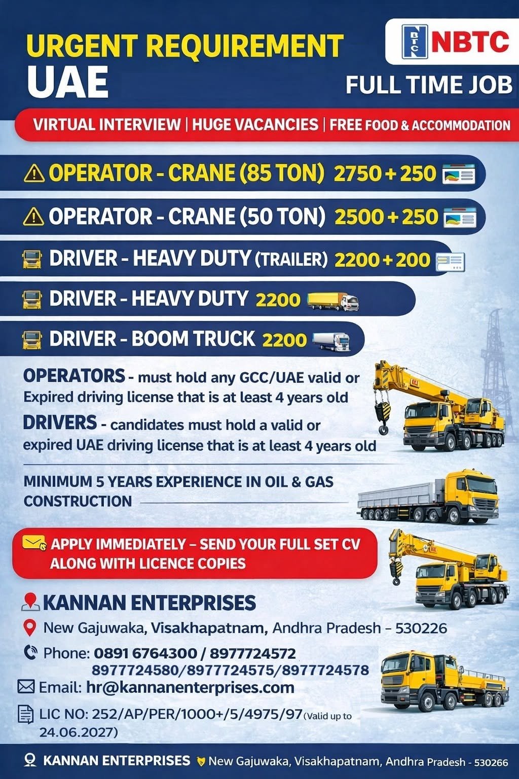 UAE Jobs 2026 – Crane Operators and Heavy Drivers Required | Free Food & Accommodation