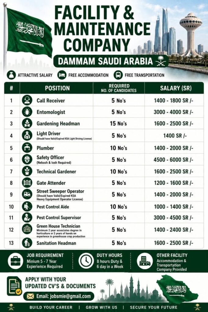Recruitment For Leading Facility & Maintenance Company – Dammam, Saudi Arabia