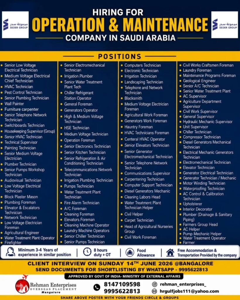 Saudi Arabia SEDER Group Operation & Maintenance Jobs 2026 – Apply Now