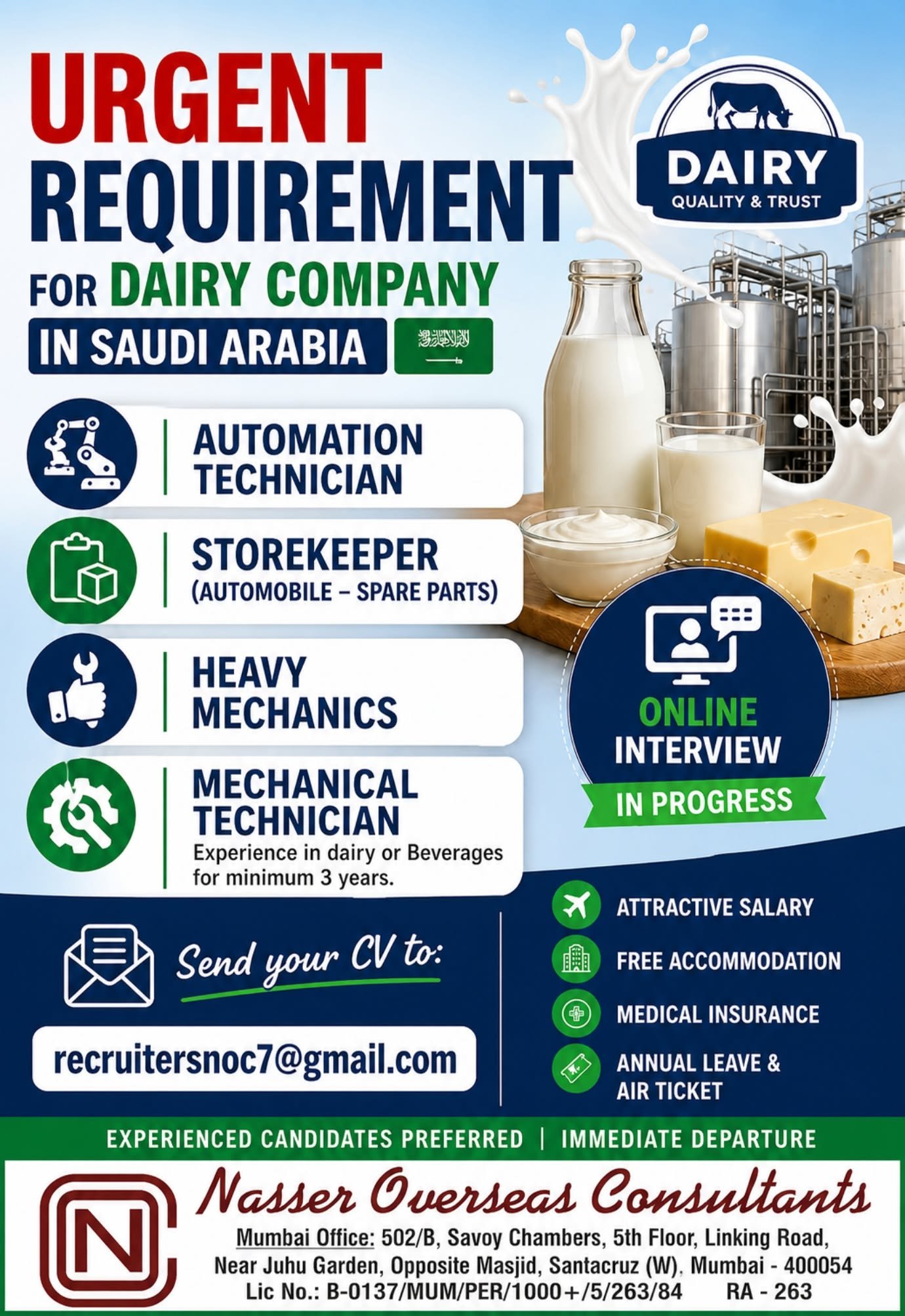 Saudi Arabia Dairy Company Jobs 2026 | Urgent Recruitment for Technicians and Storekeepers