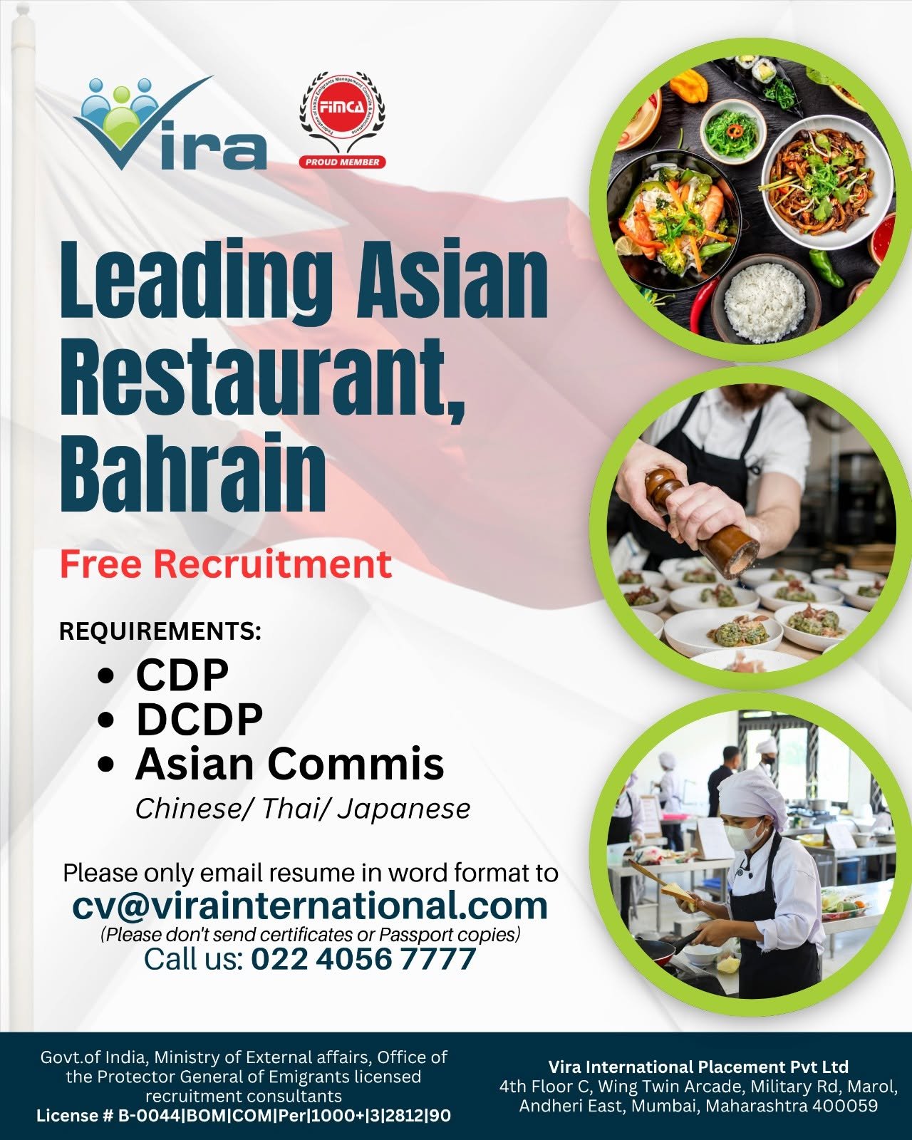 Hiring For Leading Asian Restaurant in Bahrain.