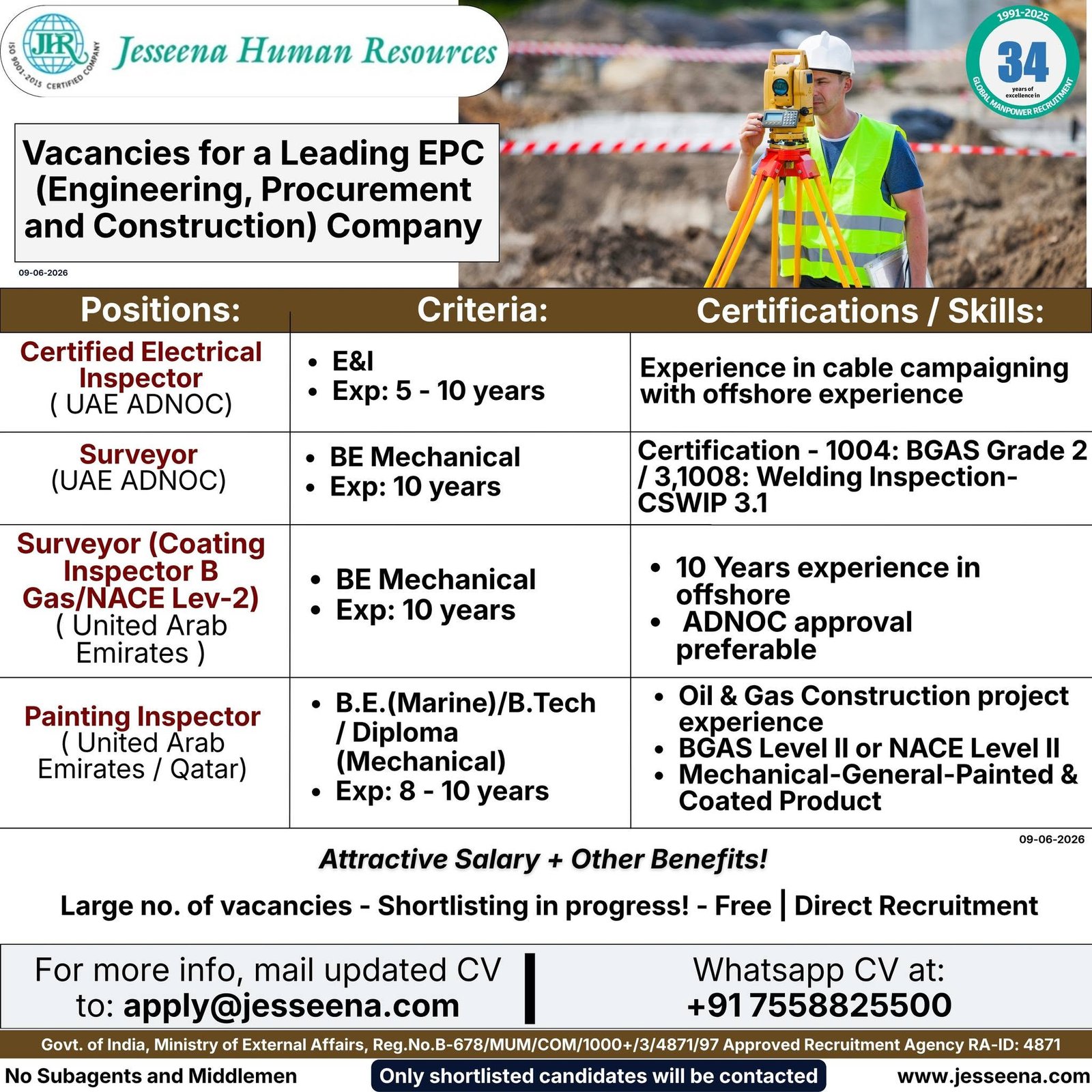 Qatar & UAE : Vacancies for a Leading EPC (Engineering, Procurement and Construction) Company