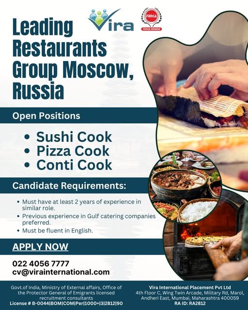 Hiring For A Leading Restaurants Group in Moscow, Russia