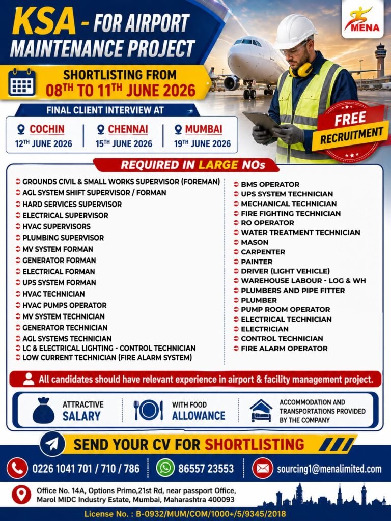 Massive Hiring For Airport Maintenance Project in Saudi Arabia