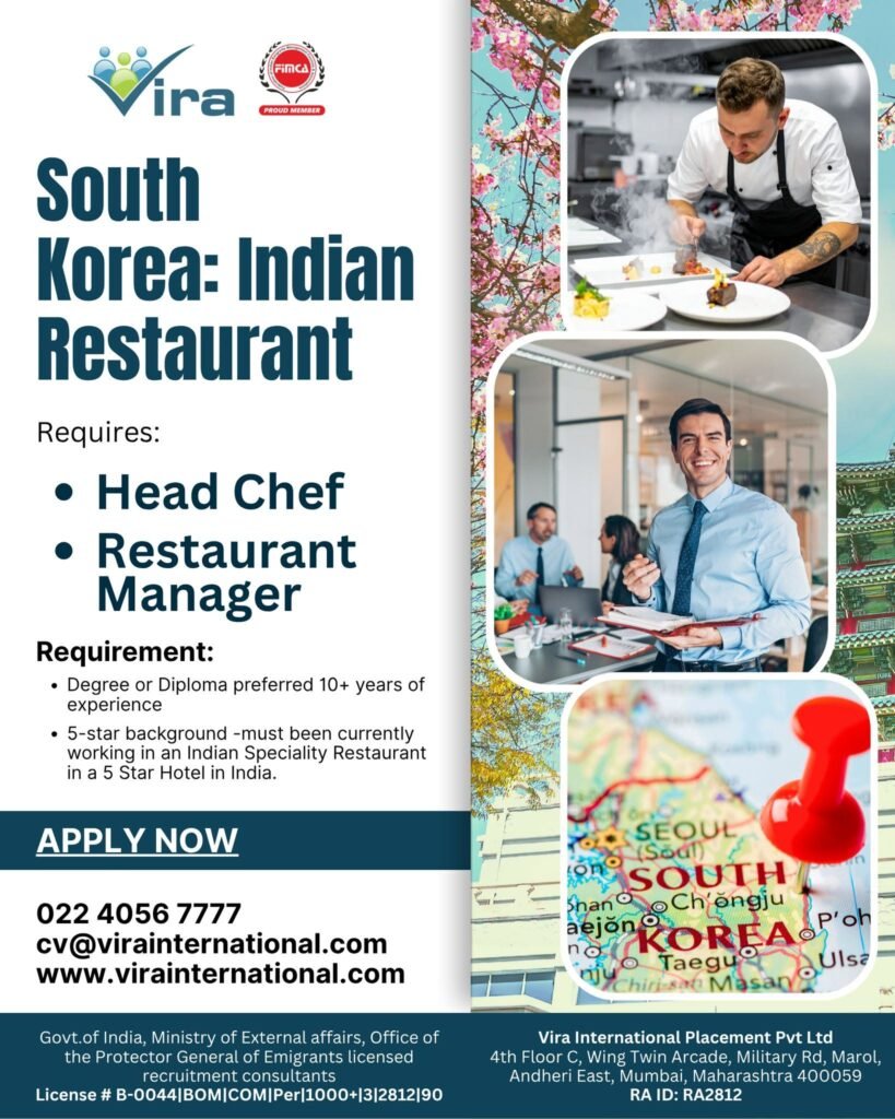 Hiring For An elite Indian Speciality Restaurant in South Korea Hiring For An elite Indian Speciality Restaurant in South Korea