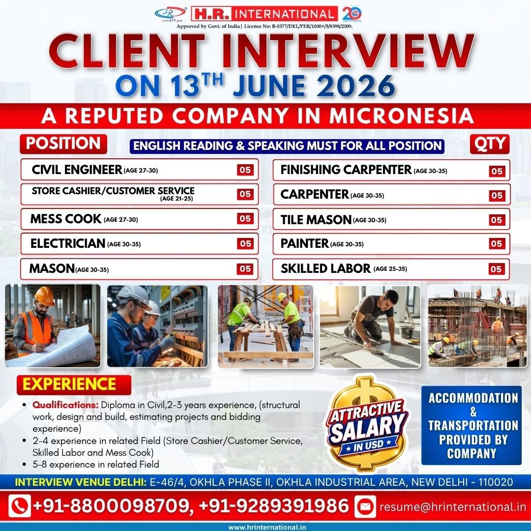 Micronesia Jobs 2026 – Client Interview on 13 June 2026 for Engineers, Electricians, Carpenters, Masons and Skilled Workers
