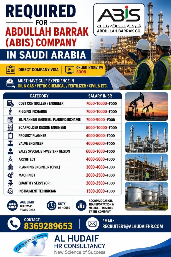 Hiring for ABDULLAH BARRAK (ABIS) Company in Saudi Arabia