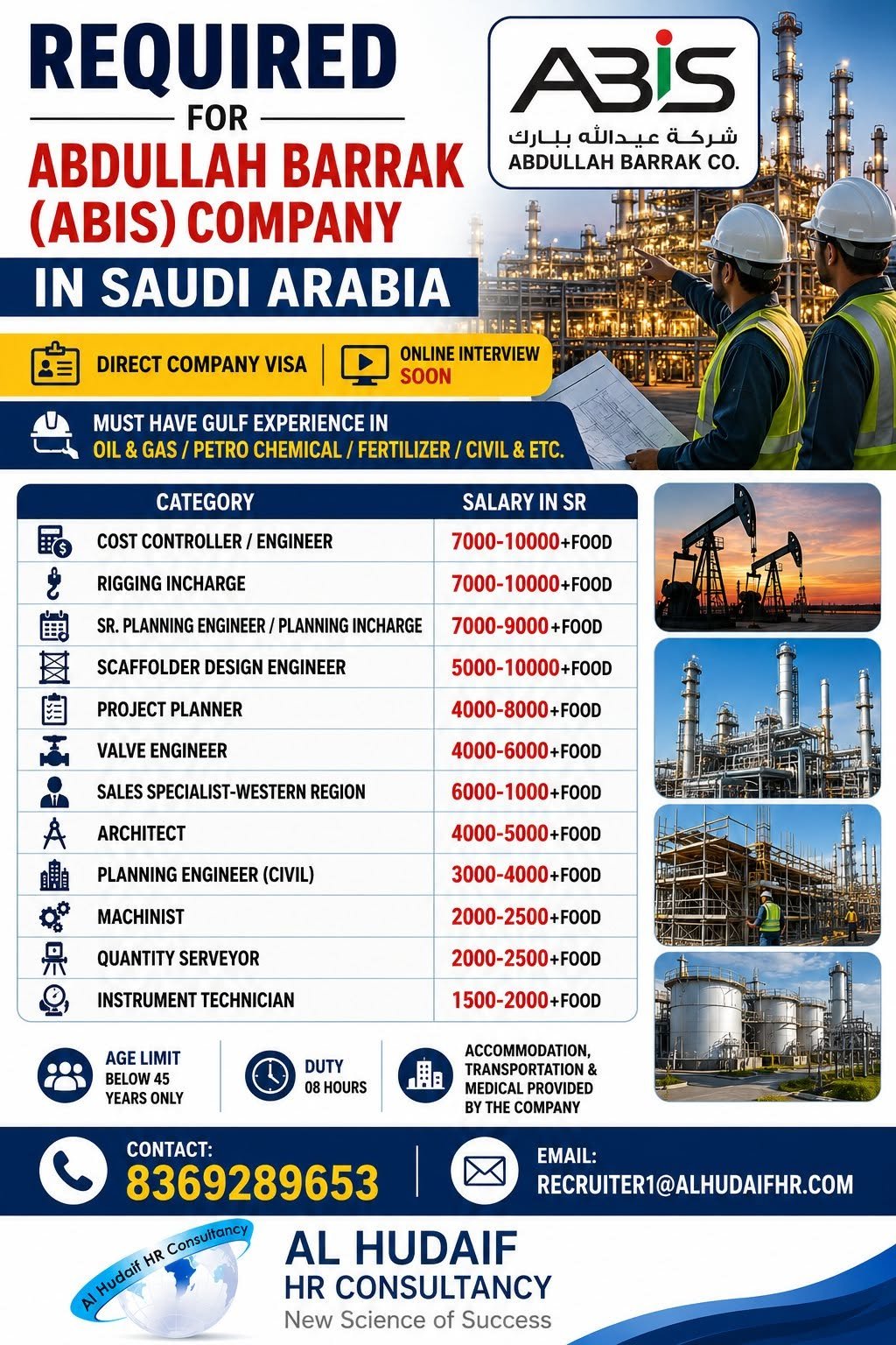Hiring for ABDULLAH BARRAK (ABIS) Company in Saudi Arabia