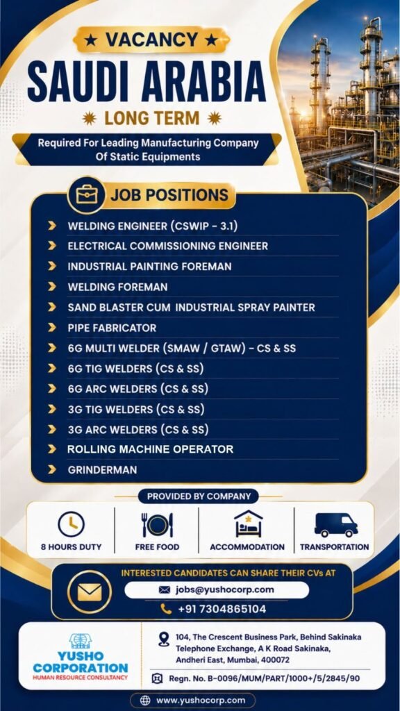 Urgent Hiring for Saudi Arabia for a leading manufacturing company specializing in static equipment. Urgent Hiring for Saudi Arabia for a leading manufacturing company specializing in static equipment.