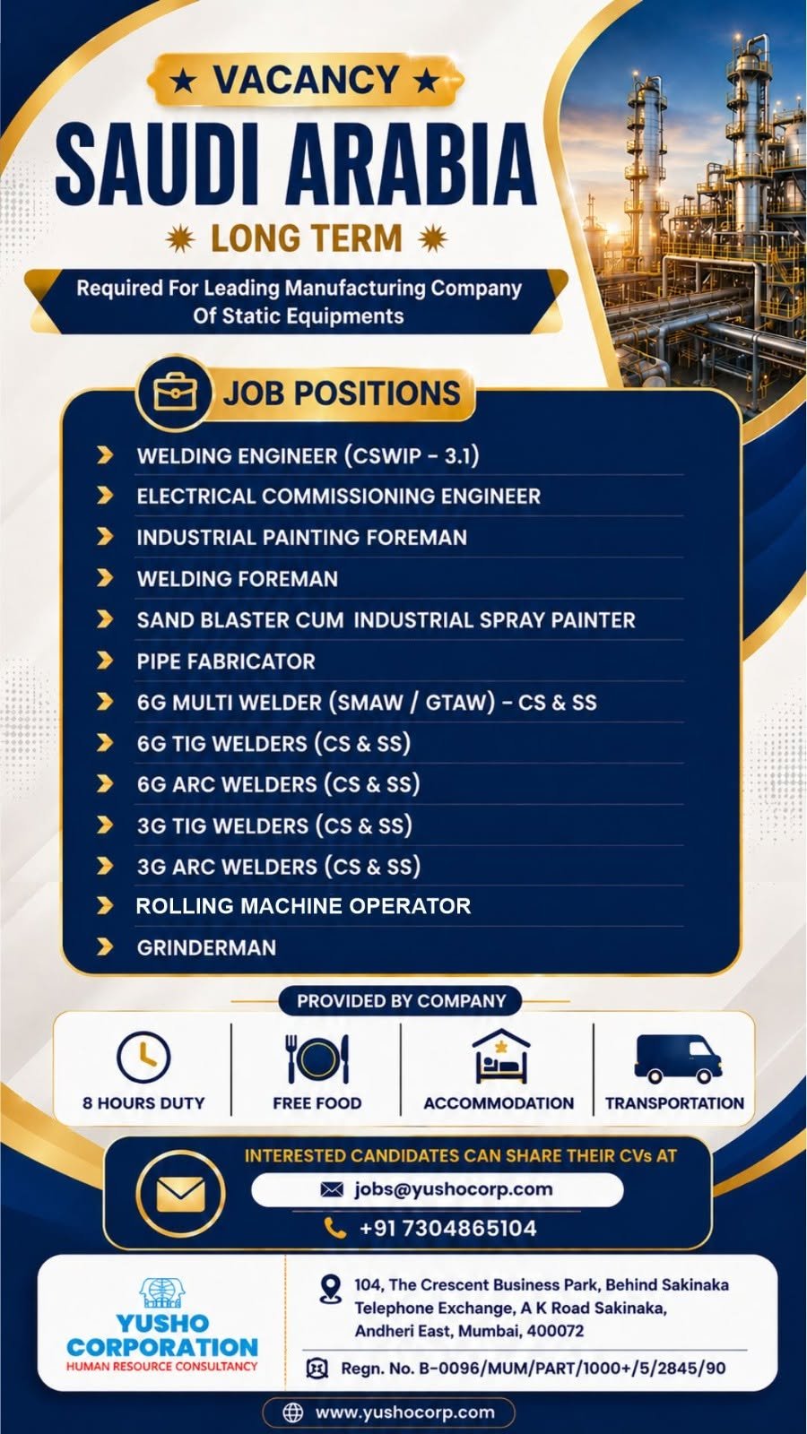 Urgent Hiring for Saudi Arabia for a leading manufacturing company specializing in static equipment.