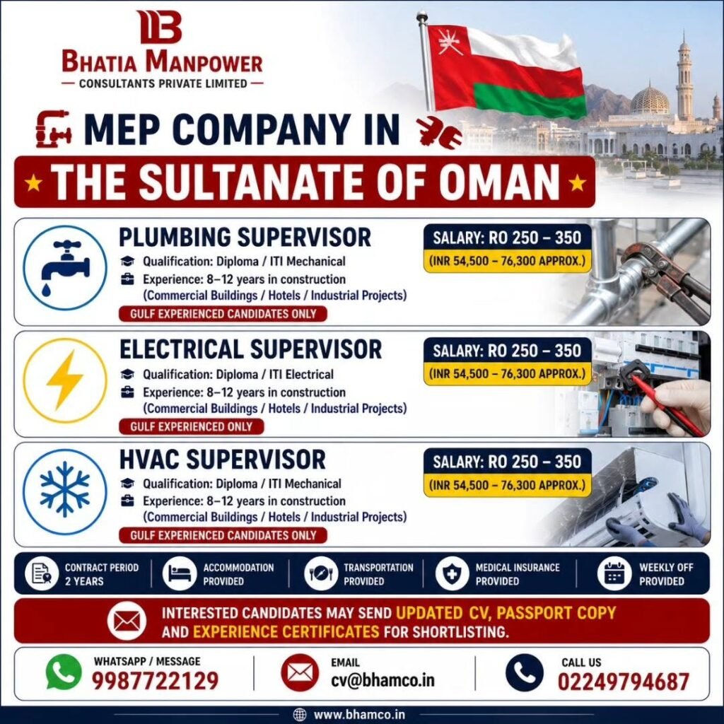 Oman MEP Jobs 2026 | Plumbing, Electrical & HVAC Supervisor Vacancies Oman MEP Jobs 2026 | Plumbing, Electrical & HVAC Supervisor Vacancies